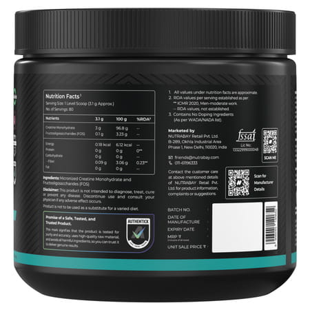 Nutrabay Pure 100% Micronised Creatine Monohydrate - Unflavoured - 250G