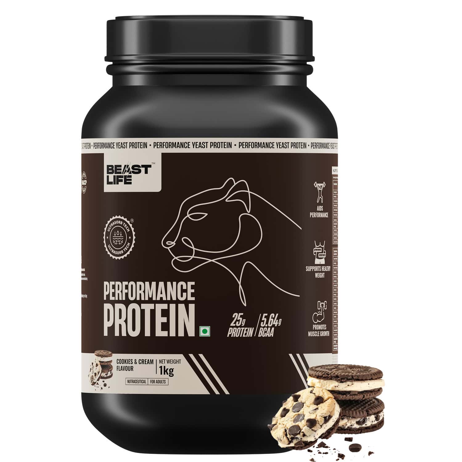 Beastlife Performance Yeast Protein Powder | 25g Protein | Cookies & Cream | Easydigest | 1kg