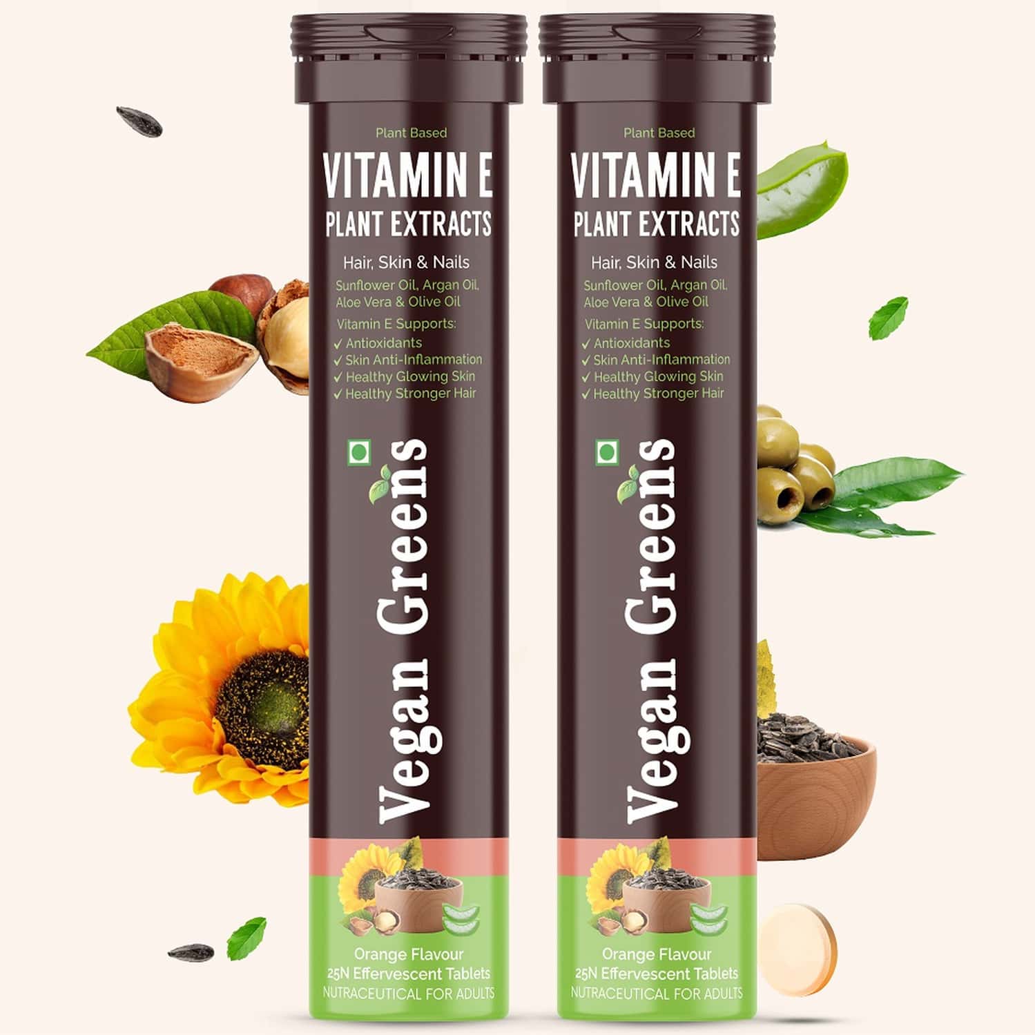 Vegan Greens Plant Based Vitamin E From Sunflower, Aloe Vera, Olive & Argan Oil. 50 Effer., Orange