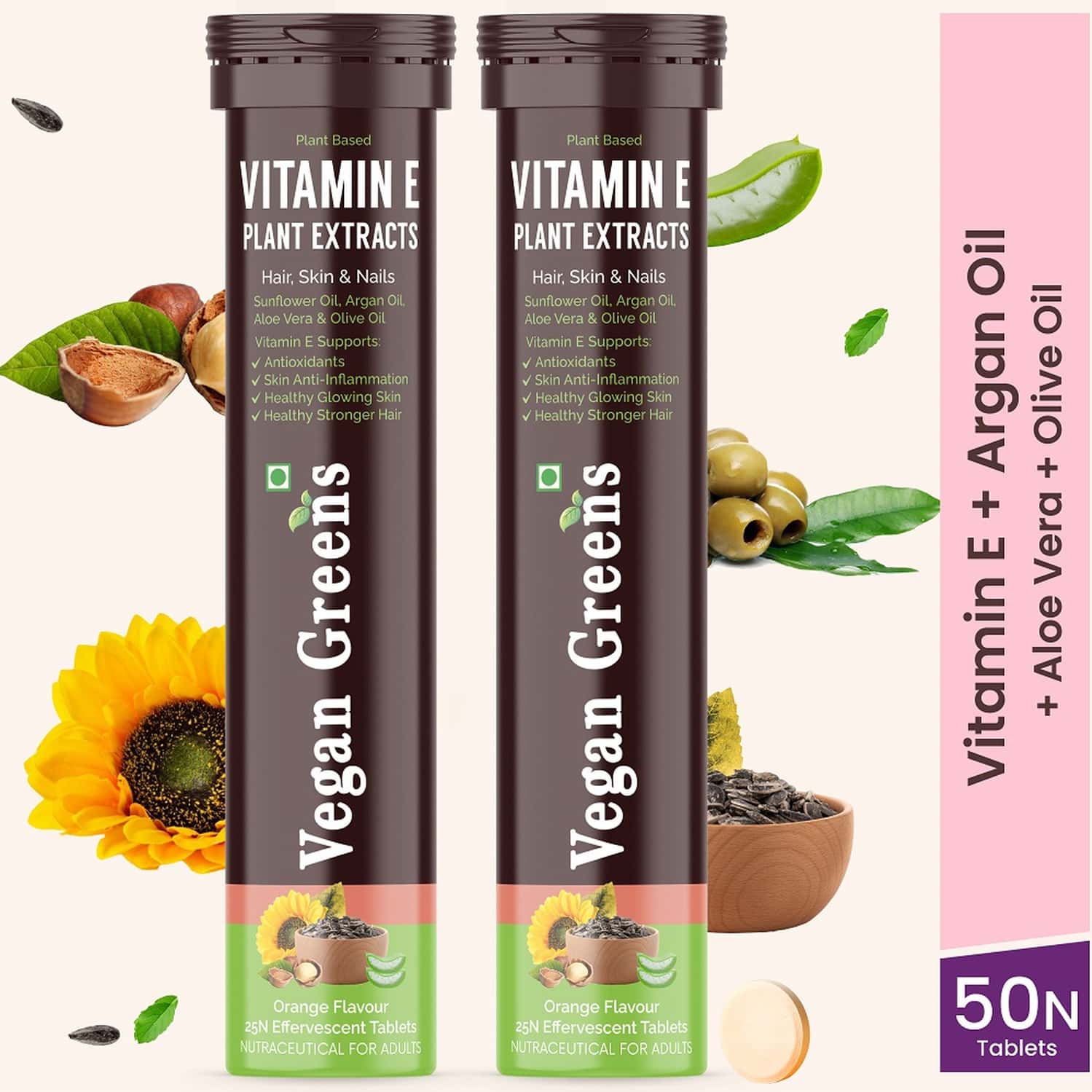 Vegan Greens Plant Based Vitamin E From Sunflower, Aloe Vera, Olive & Argan Oil. 50 Effer., Orange