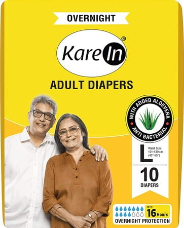 Kare In Overnight Adult Diapers Large Waist Size 101-139 Cm (40-55) Tape Style Leak Proof 10 Count