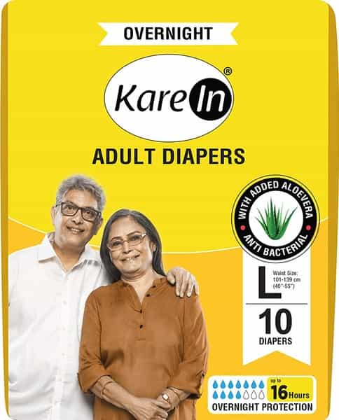 Kare In Overnight Adult Diapers Large Waist Size 101-139 Cm (40-55) Tape Style Leak Proof 10 Count