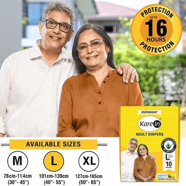 Kare In Overnight Adult Diapers Large Waist Size 101-139 Cm (40-55) Tape Style Leak Proof 10 Count