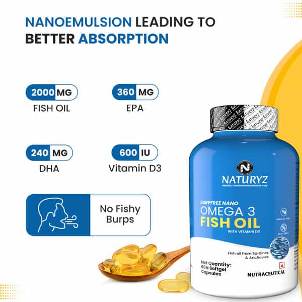 Naturyz Burpfree Omega 3 Fish Oil 2000 Mg With Vitamin D3 For Skin, Eyes,Heart & Brain (60 Softgels)