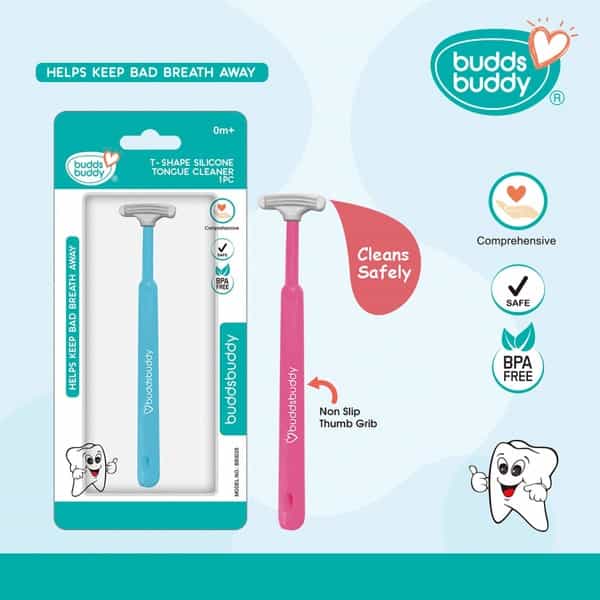 Buddsbuddy Bpa Free T-Shape Kids Tongue Cleaner With Non Slip Thumb Grip Pink
