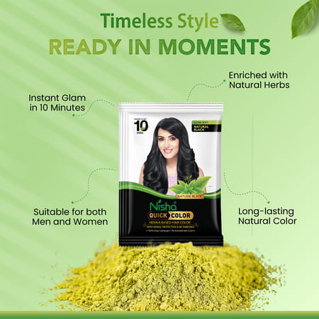 Nisha Quick Color 10 Minute Henna Based Hair Colour Natural Black 60G | No Ammonia | 100% Coverage