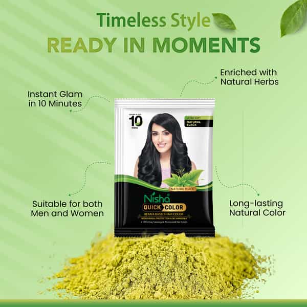 Nisha Quick Color 10 Minute Henna Based Hair Colour Natural Black 60G | No Ammonia | 100% Coverage