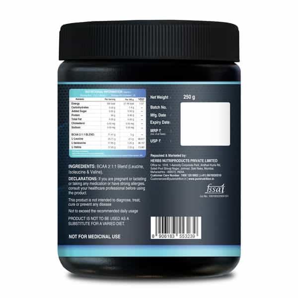 Pure Nutrition Bcaa Unflavored 250Gm Powder