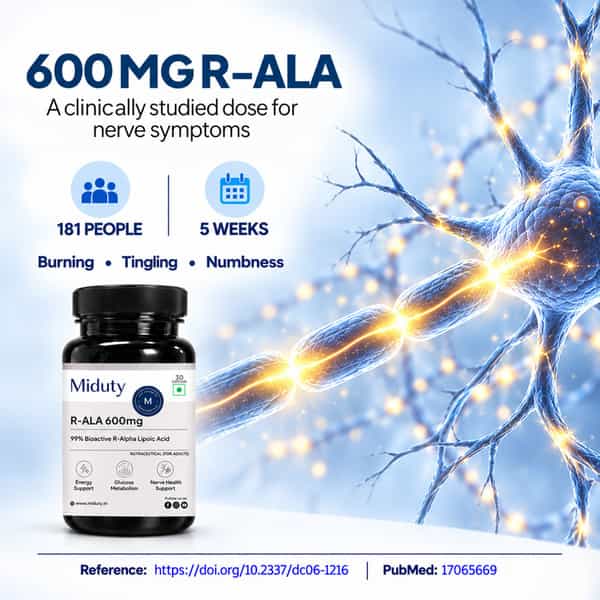 Miduty R-Ala 600Mg | 99% Bioactive R-Alpha Lipoic Acid | 30 Veg Capsules