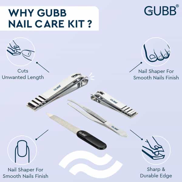 Gubb Nail Care Kit (Finger Nail Clipper | Toe Nail Clipper | Nail File & Flat Tweezer