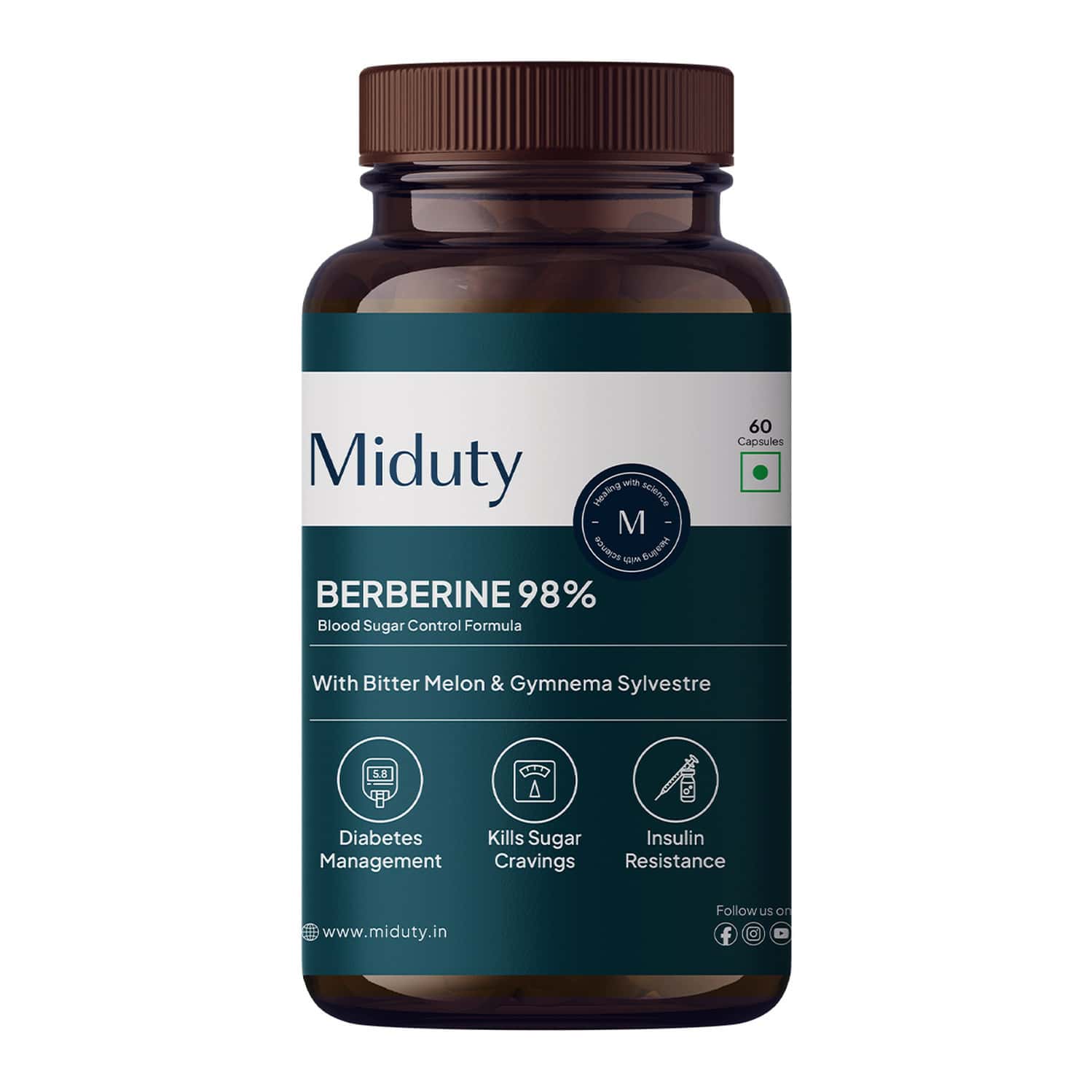 Miduty Berberine 98% With Vit B12 - Diabetes - Weight Loss - Blood Sugar - Sugar Free - 60 Capsules