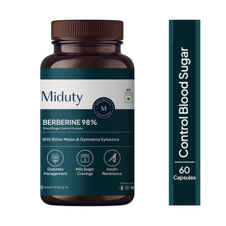 Miduty Berberine 98% With Vit B12 - Diabetes - Weight Loss - Blood Sugar - Sugar Free - 60 Capsules