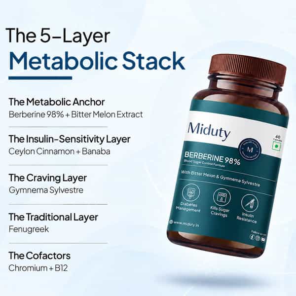 Miduty Berberine 98% With Vit B12 - Diabetes - Weight Loss - Blood Sugar - Sugar Free - 60 Capsules