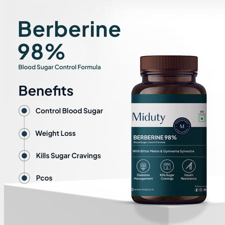 Miduty Berberine 98% With Vit B12 - Diabetes - Weight Loss - Blood Sugar - Sugar Free - 60 Capsules