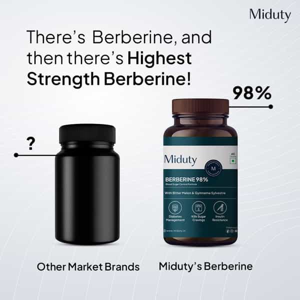 Miduty Berberine 98% With Vit B12 - Diabetes - Weight Loss - Blood Sugar - Sugar Free - 60 Capsules