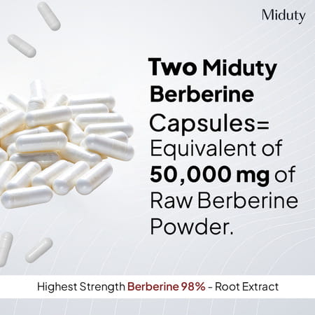 Miduty Berberine 98% With Vit B12 - Diabetes - Weight Loss - Blood Sugar - Sugar Free - 60 Capsules