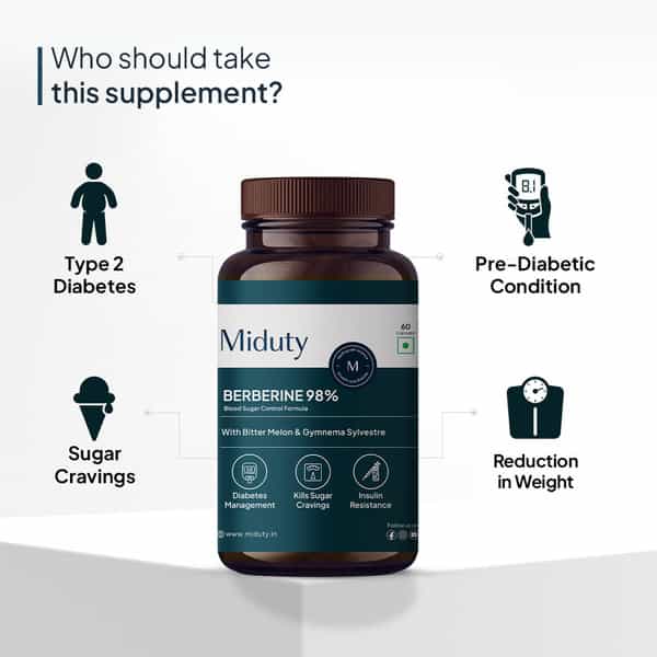 Miduty Berberine 98% With Vit B12 - Diabetes - Weight Loss - Blood Sugar - Sugar Free - 60 Capsules