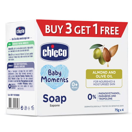 Chicco Baby Moments Bath Soap Soft Moisturising And Nourishing Formula 0m+ ( 75gm 3 +1)