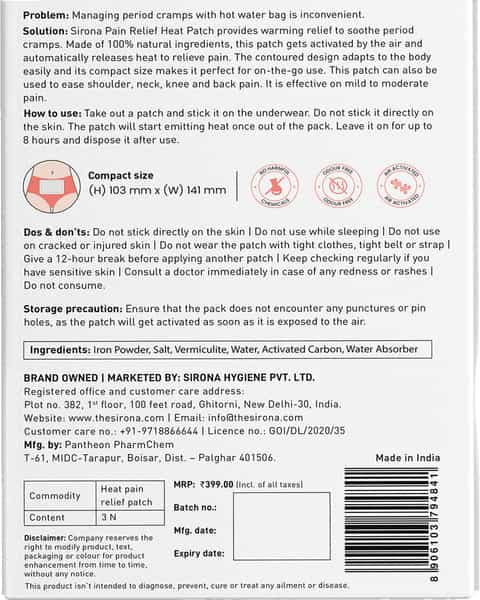 Sirona Pain Relief Heat Patches Pack Of 3