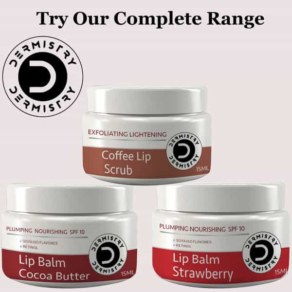 Dermistry Coffee Lip Scrub & Strawberry + Cocoa Butter For Dark Dry Chapped Spf10 Glossy Lip Balm