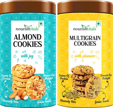 Nourishvitals Almond Cookies + Multigrain Cookies Crunchy Delights Genius Snack 120g Each