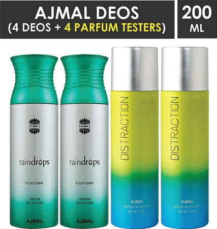Ajmal 2 Raindrops Femme For Women And 2 Distraction For Unisex Deodorants Combo Pack Of 4