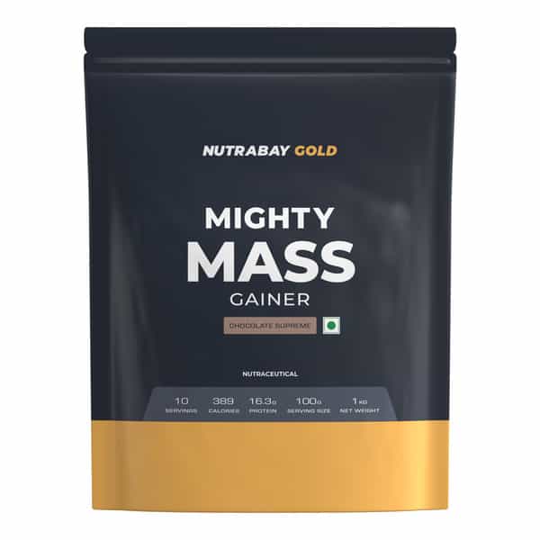 Nutrabay Gold Mighty Mass | Weight Gainer Supplement Powder - 1Kg | Chocolate Supreme