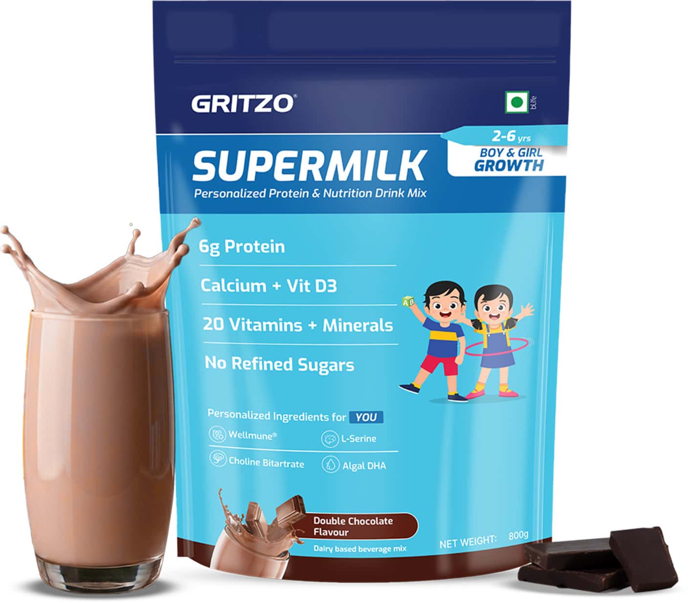 Gritzo Supermilk Growth (2-6y Boy & Girl) | 6g Protein (Double Chocolate 800g) | Zero Refined Sugar