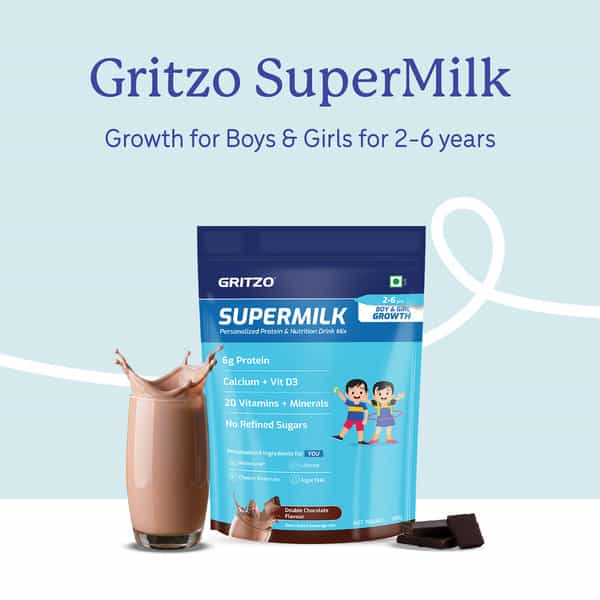 Gritzo Supermilk Growth (2-6Y Boy & Girl) | 6G Protein (Double Chocolate 800G) | Zero Refined Sugar