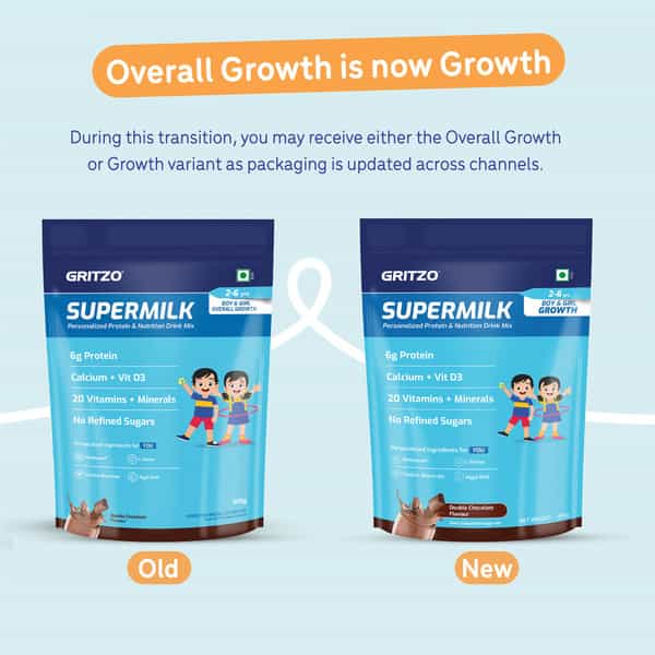 Gritzo Supermilk Growth (2-6Y Boy & Girl) | 6G Protein (Double Chocolate 800G) | Zero Refined Sugar
