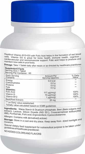 Healthvit Vitamin B12+D With Folic Acid - 60 Tablets