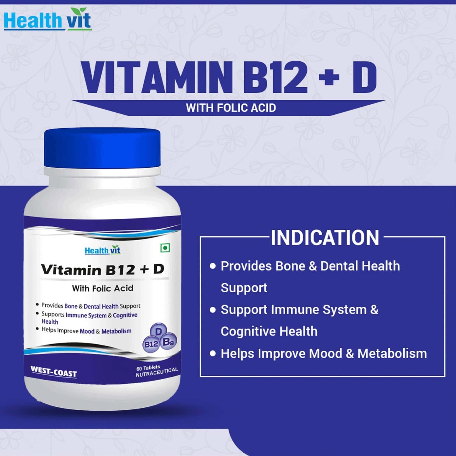 Buy HEALTHVIT VITAMIN B12+D WITH FOLIC ACID 60 TABLETS Online & Get