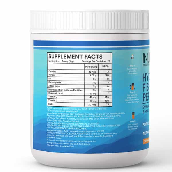 Inlife Marine Collagen Powder | Fish Collagen Peptides Supplements For Skin | Unisex (Orange | 200G)