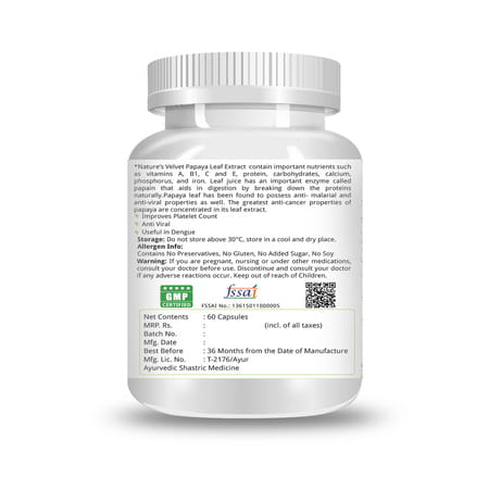Natures Velvet Papaya Leaf Extract 500mg | 60 Veg Capsules