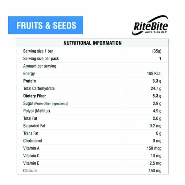 Ritebite Fruit & Seeds Breakfast & Nutrition Bar 35G - Pack Of 1