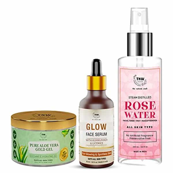 Tnw The Natural Wash Combo Of 3 With Glow Face Serum, Pure Aloe Vera Gold Gel & Distilled Rose Water