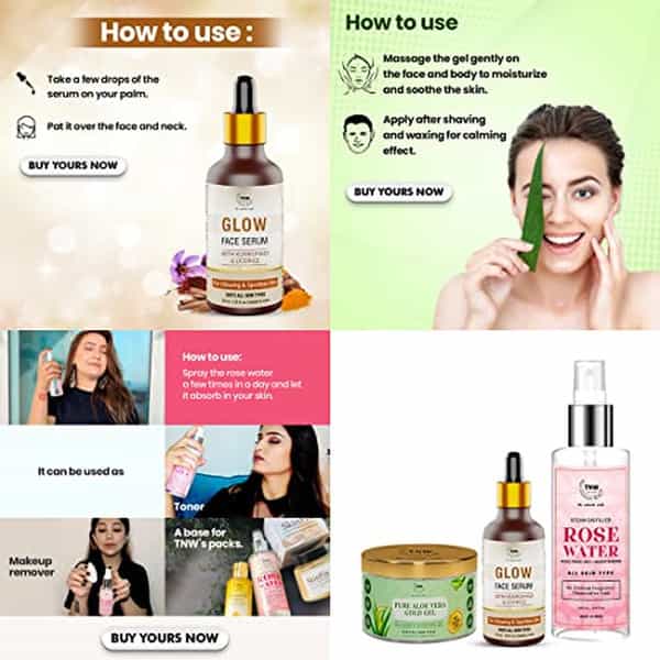 Tnw The Natural Wash Combo Of 3 With Glow Face Serum, Pure Aloe Vera Gold Gel & Distilled Rose Water