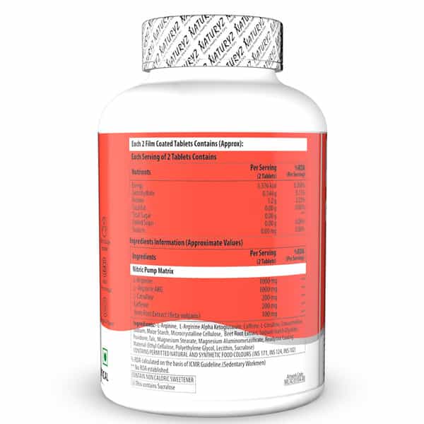 Naturyz Nitric Oxide Pump 2500 L-Arginine Citrulline Caffeine For Pre-Workout & Stamina - 60 Tablets