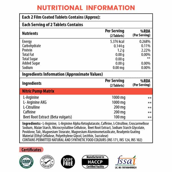 Naturyz Nitric Oxide Pump 2500 L-Arginine Citrulline Caffeine For Pre-Workout & Stamina - 60 Tablets