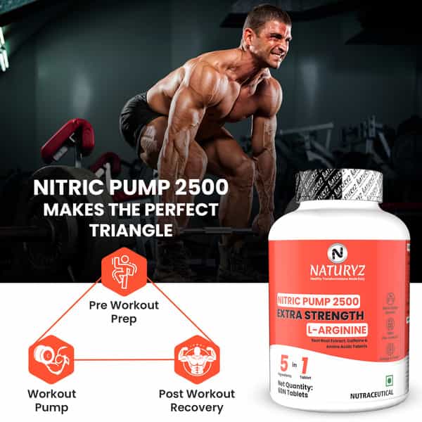 Naturyz Nitric Oxide Pump 2500 L-Arginine Citrulline Caffeine For Pre-Workout & Stamina - 60 Tablets