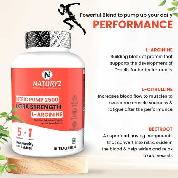 Naturyz Nitric Oxide Pump 2500 L-Arginine Citrulline Caffeine For Pre-Workout & Stamina - 60 Tablets