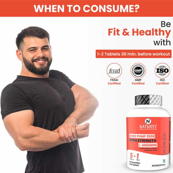 Naturyz Nitric Oxide Pump 2500 L-Arginine Citrulline Caffeine For Pre-Workout & Stamina - 60 Tablets