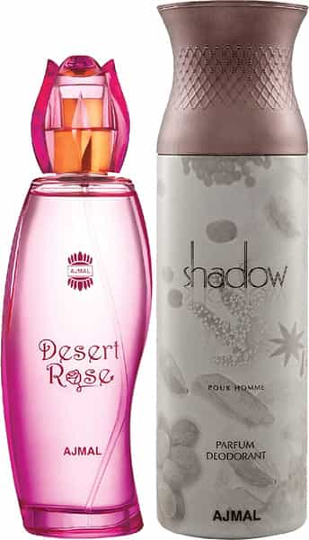 Ajmal Desert Rose Edp Floral 100Ml For Women And Shadow Homme Deodorant 200Ml For Men+ 2 Parfum