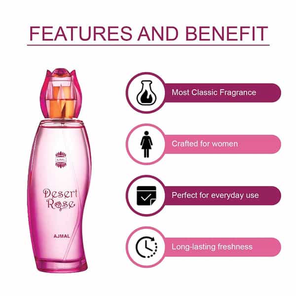 Ajmal Desert Rose Edp Floral 100Ml For Women And Shadow Homme Deodorant 200Ml For Men+ 2 Parfum