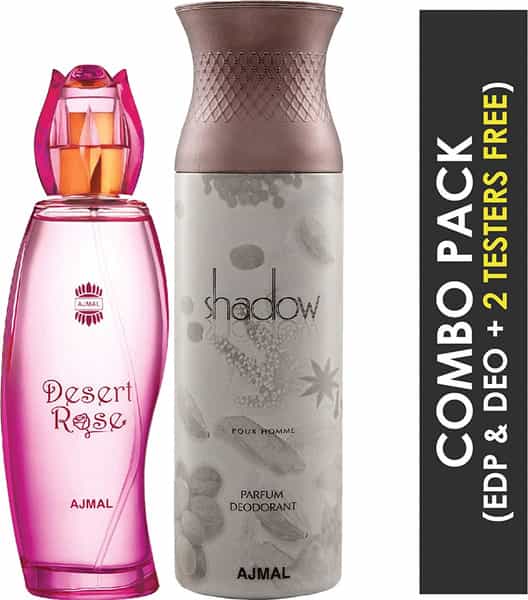 Ajmal Desert Rose Edp Floral 100Ml For Women And Shadow Homme Deodorant 200Ml For Men+ 2 Parfum