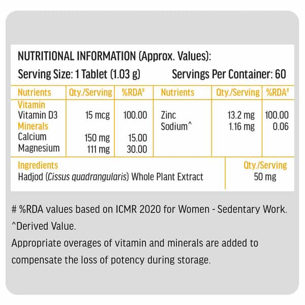 Hk Vitals Calcium + D3 (60 Tabs) | With Magnesium & Zinc | Bone & Joint Health
