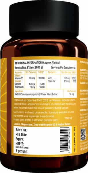 Hk Vitals Calcium + D3 (60 Tabs) | With Magnesium & Zinc | Bone & Joint Health