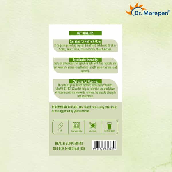 Dr. Morepen Spirulina Tablets For Healthy Heart Brain Skin & Hair - 60 Veg Tablets