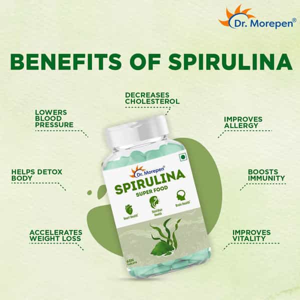 Dr. Morepen Spirulina Tablets For Healthy Heart Brain Skin & Hair - 60 Veg Tablets