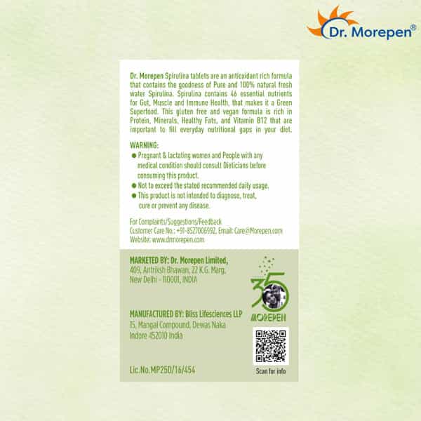 Dr. Morepen Spirulina Tablets For Healthy Heart Brain Skin & Hair - 60 Veg Tablets
